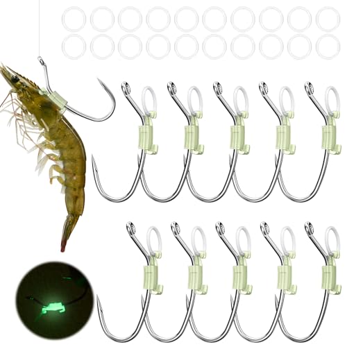 KANAMA Luminous Live Shrimp Fishing Hooks,Carbon Steel Barbed Hooks with Holes, Ideal for Bass,Snapper,Groupers,Pike,That Can Adapt to Various Fishing, Small, 10 Pcs