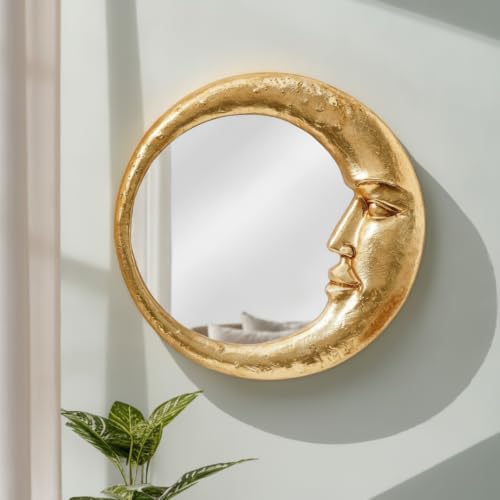 Novabright Gold Moon Crescent Mirror 8.85 Inch Round Resin Vintage Boho Celestial Wall Decor Gothic Half Moon Witch Hanging Mirror Decor 90s Celestial Wall Art for Home Bathroom Living Room Decoration