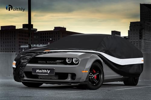 Image of Holhtly Car Cover Custom Fit for Dodge Challenger, Car Covers for Automobiles All Weather Waterproof Sun Snow Rain Wind Dust Protection, Outdoor Car Cover Black & Grey