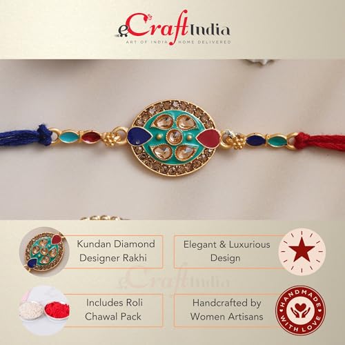 Image of eCraftIndia Peacock Designer Rakhi for Brother with Roli Chawal Pack | Mor Pankh Rakhi for Bhaiya Bhai