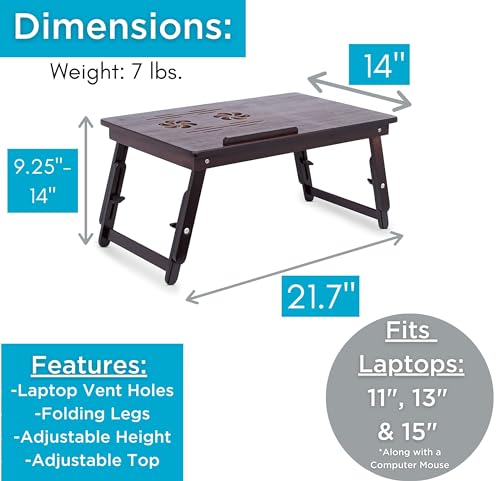 Sofia + Sam Multi Tasking Lap Desk with Venting for Computer Heat | Adjustable Legs and Pullout Drawer | Fits Laptops Up to 15" | Walnut | Laptop Bed Tray | Folding TV Tray Table
