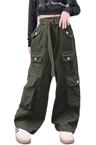 AOWKULAE Girls Cargo Pants Multi Pocket Wide Leg Pants Army Green 11-12Y