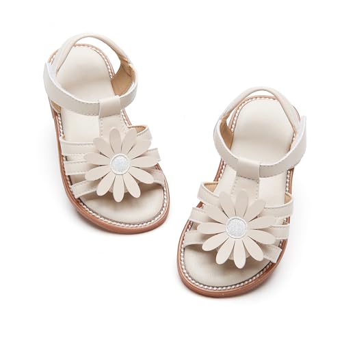 PHIRAMIN Toddler Girls Beige Sandals - Little Girl Summer Dress Shoes Size 8 Flower for Party Wedding School