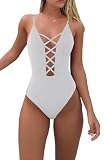 fatty tiger Women Sexy One Piece Bathing Suit Spaghetti Strap Crisscross Swimsuit Plunge V Neck Triangle Swimwear White L