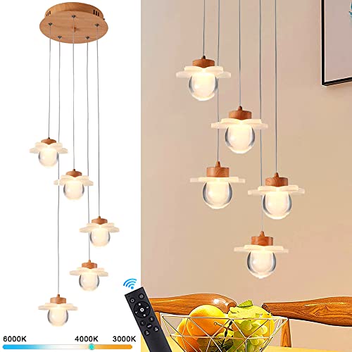 LED Pendelleuchte Dimmbar Hängelampe Esstisch 120cm Höhenverstellbar 5-Flammig Hängeleuchte 30W mit Fernbedienung, Moderne Esstischlampe für Küche Esszimmer Wohnzimmer Schlafzimmer, Holz Metall Cover