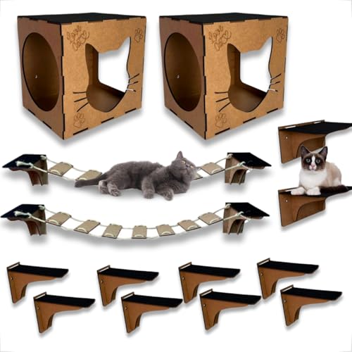 Kit Playground Brinquedo Para Gatos Fixo de Parede 14 Pçs Em Mdf Cru
