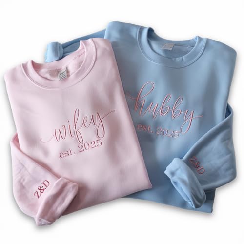 Custom Wifey & Hubby Embroidered Sweatshirt, Newlywed Honeymoon Outfit, Personalized Matching Couple Hoodie, Date On Sleeve, Engagement Clothings, Matching Wedding Party Gift, Bride Groom Gift, White