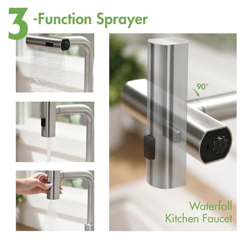 CENOSA Waterfall Kitchen Faucet with Pull Down Sprayer, Brushed Nickel by Cenosa - Used condition - Image 3