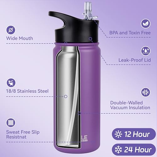 HASLE OUTFITTERS Insulated Water Bottle Kids 16 oz Double Wall Vacuum Stainless Steel Water Bottle Leak Proof for School Wide Mouth with Straw Lid & Spout Lid Keeps Cold and Hot(Purple,8pack) by HASLE OUTFITTERS - Used condition - Image 2