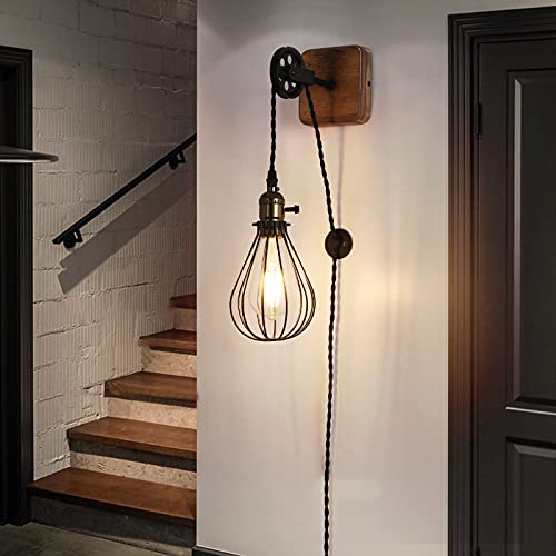 Modern Pulley Wall Lamps with Plug in Cord Adjustable Mounted Lighting Black Fixture with On/Off Switch Whisk Industrial Design Metal Lampshade Wooden Base for Living Room Decor, Bedroom Reading