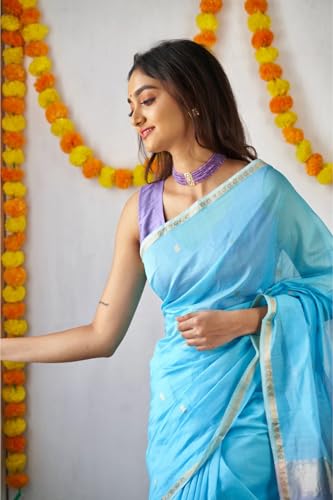 Image of Women's Cotton Woven Soft Sarees With Attach Blouse Piece.