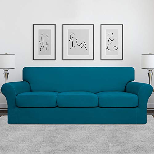Image of Easy-Going 4 Pieces Stretch Soft Couch Cover for Dogs - Washable Sofa Slipcover for 3 Separate Cushion Couch - Elastic Furniture Protector for Pets, Kids (Sofa, Peacock Blue, Large)