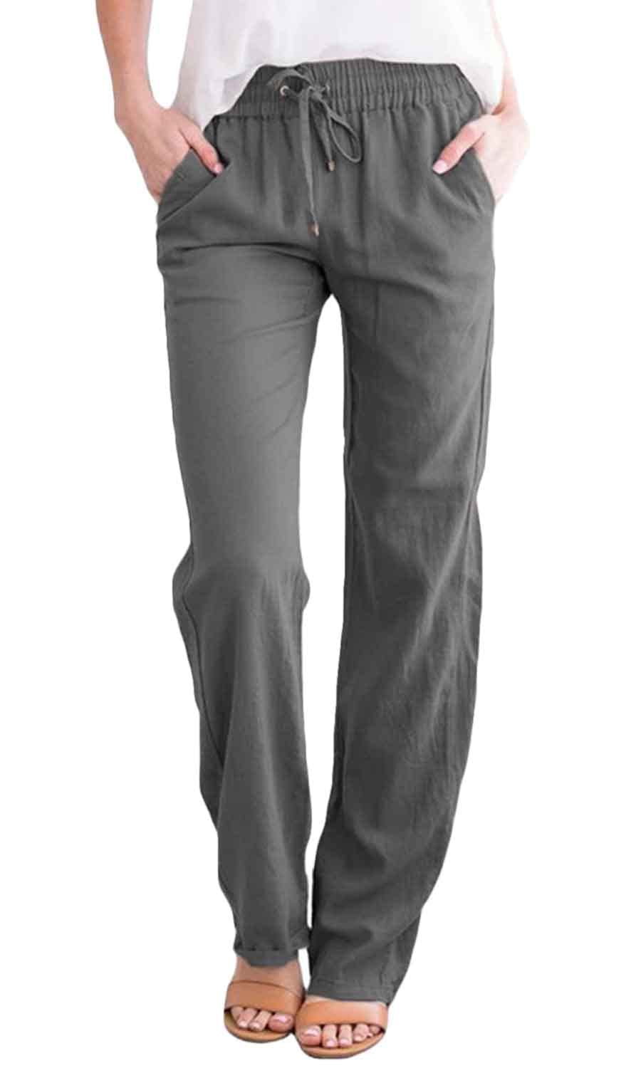 CheChury Femme Lin Pantalon Coton Lin Pantalon Léger Casual Elegant Pantalon Élastique Pantalon Décontractée Couleur Unie Mode Pants avec Poches