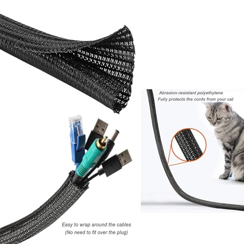 WHCHSU 6.5ft - 1/2 inch Cord Protector Cable Sleeve Split Wire Loom Tubing - Cable Management for Power, Audio, USB Cords - Protects from Pets, Organizes Desk, Hides Cords - TV, Computer Compatible