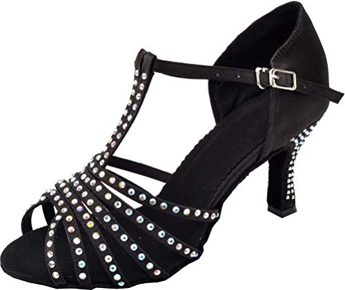 Chaussures de danse latine en strass noir T-bar pour débutant et pratique en salle