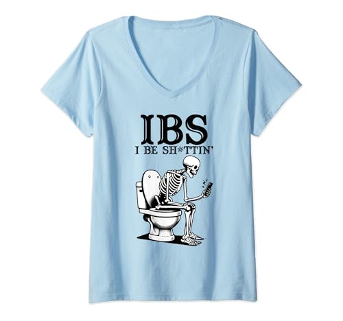 Mujer IBS Humor Skeleton Tablet Toilet Humorístico Diseño Gráfico Camiseta Cuello V