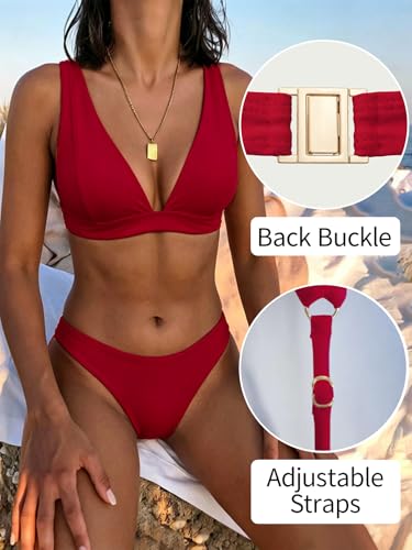 Image of Bathing Suits for Women Deep V Neck Sexy Two Piece Bikini Sets for Women Thong Halter Cheeky Swimsuit