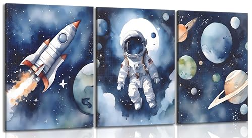 3Pcs Nursery Astronaut Wall Art Kids Space Planets Theme Canvas