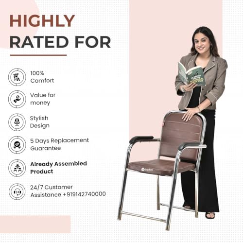 Image of Office Chair Visitor Chair with arm Rest with Steel Frame and Cushioned seat Back, Chair Without Wheels Holds up to 140 kg Heavy Design (4, Coffee, Heavy)