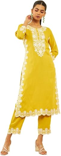 Soch Womens Rayon Slub Floral Embroidered Kurta Set with Sequins