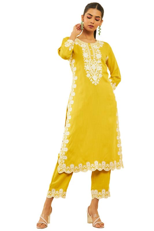 SochWomens Rayon Slub Floral Embroidered Kurta Set with Sequins