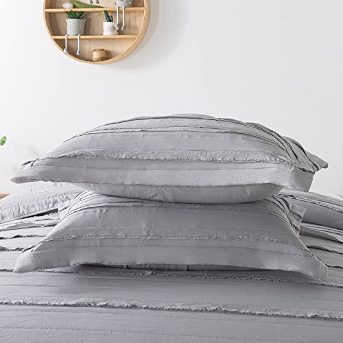Honeilife Ruffled Quilt King Size - 3 Pieces Washed Microfiber Quilt Sets Lightweight Bedspreads Ultra Soft Coverlets Shabby Chic Bed Cover Exquisite Bedding Set All Season Quilts-Grey #TOP4