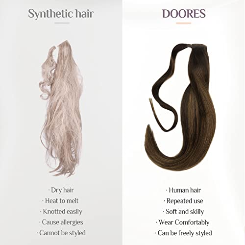 Doores Hair Extensions Ponytail Extensions Human Hair Balayage Dark Brown To Chestnut Brown 18 Inch 80G Wrap Around Ponytail Remy Hair Extensions Clip In Straight With Magic Paste Heat Resistant #TOP5