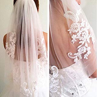 Kercisbeauty Bridal Lace Embroidery Hollow Out Flower White and Ivory Veil Drop Wedding Hair Comb Crystal Beads Wide Lace Chapel Single Layer Wedding Hair Accessories