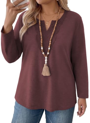 Eytino Womens Plus Size Tops Lace V Neck Tunic Shirts, Red, 2X