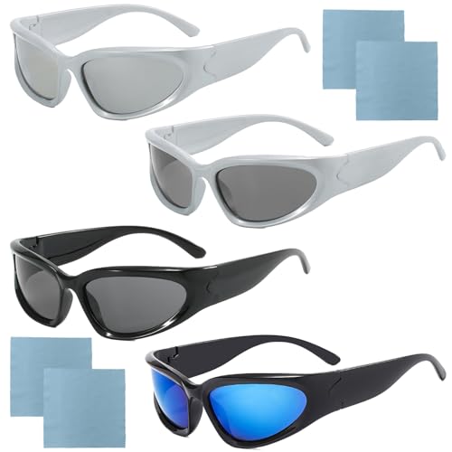 VEGCOO 4 Pcs Wrap Around Sports Sunglasses, UV400 Shades Outdoor Sport Sunglasses, Y2K Stylish Polarised Oval Sunglass for Men Women Driving Running Cycling Fishing Golf