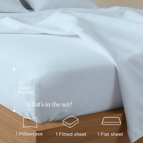 Image of Threadmill 300TC Cotton Twin Sheet Set, Sateen, Solid, Light Blue, 3-Piece