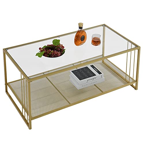 Glass Coffee Table With Golden Metal Frame, 2-Tire Cocktail Table For Living Room,41.7”L X 21.6”W X 17.7”H, Modern Rectangular Sofa Table With Storage Shelf, Easy Assembly, For Office Gold Ckfz21404Gd #TOP4