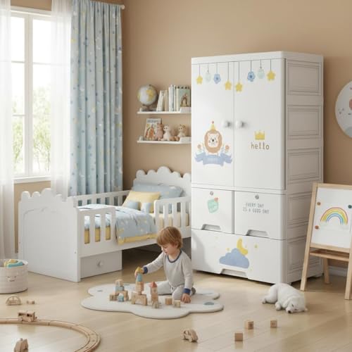 Image of Strassis Design 4- Door Plastic Wardrobe for Kids| Almirah and Wardrobe for Baby Clothes| Modular Storage Cabinet with Wheel Organizer for Cupboard Rack for Clothes /Shoes /Books /Toy (Lion)