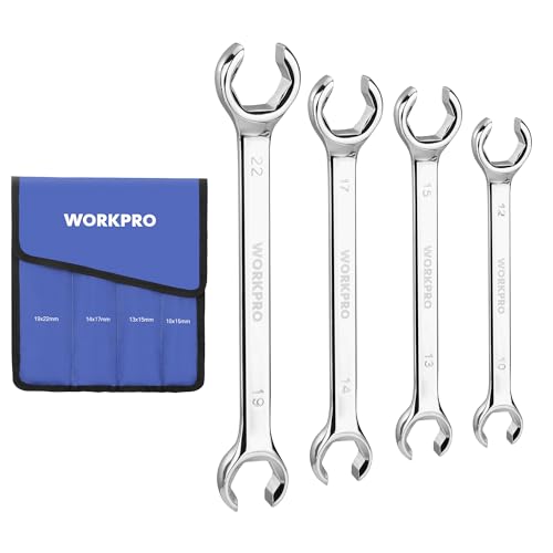 WORKPRO 4-Piece Metric Flare Nut Wrench Set | Cr-V Steel, 15° Offset Head, 8 Metric Sizes, Organizer Pouch Included, for Brake Lines, Tubing, and Automotive Repair
