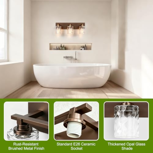 Image of Bathroom Light Fixtures,3-Light Oil Rubbed Bronze Vanity Lights Over Mirror | Modern Wall Light,Clear Ripple Glass Shade,Sturdy Metal Frame,For Bathroom Remodel,Easy Install,E26 Socket,ETL-Listed 20-inch