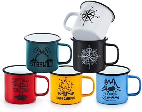 Enamel Mug Cup Set of 6, Homikit 16oz Enamel Coffee Tea Cups Mugs, Red/Green/Blue/White/Black/Yellow Drinking Tin Mug for Home Travel Camping Office, Reusable & Portable, Vintage Design