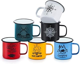 Enamel Mug Cup Set of 6, Homikit 16oz Enamel Coffee Tea Cups Mugs, Red/Green/Blue/White/Black/Yellow Drinking Tin Mug for Home Travel Camping Office, Reusable & Portable, Vintage Design