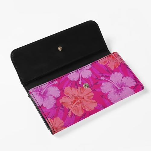 Howilath Womens Hibiscus Flower Wallet Clutch Organizer With Change Pocket, Credit Card Clutch Long Purse for Women - Hot Pink2