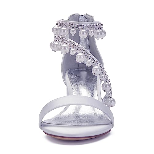 Women's Low Block Heel Sandals Chunky Ankle Strap Satin Pearl Wedding Shoes for Bride Low Heels Formal Prom Party Dress Shoes Comfortable Pump Sandals3