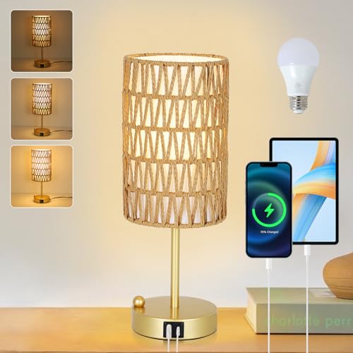 Eayaya Gold Table Lamp for Bedroom with Bulb, Small Touch Control Table Lamp for Living Room with Rattan & Linen Shade, 3 Way Dimmable Bedside Lamp for Nightstand with USB Charging Port & Phone Stand by Eayaya - Used condition - US$30.56