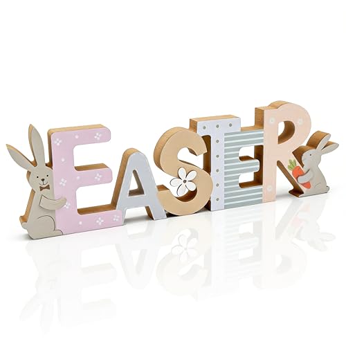 Easter Wooden Bunny Table Decor Farmhouse Spring Holiday Sign Rustic Rabbit Wood Decoration for Tiered Tray Mantel Shelf Dining Table Indoor Party Home Decor by RTHPY - Image 9
