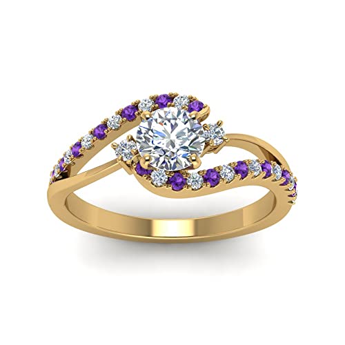 Image of Choose Your Gemstone Swirl 3 Stone Diamond CZ Engagement Ring Yellow Gold Plated Round Shape Side Stone Engagement Rings for Women, Girls and Ladies US Size 4 to 12