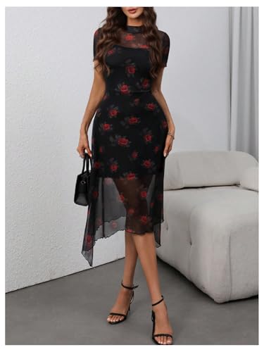 Image of Floerns Women's Floral Mesh Short Sleeve Asymmetrical Hem Flared A Line Dress