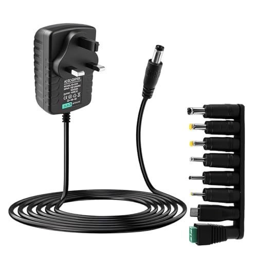 Universal Power Supply Cable Adapter UK 12V 3A 36W, AC to DC Multi Plug Charger with 8 Replacement Tips, 100-240V 50/60Hz 5.5x2.1mm Adapter Cord for LED Strips Router Laptop CCTV Baby Monitor