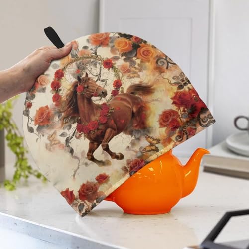 Image of Rose Brown Horse Print Tea Cozy for Teapot Insulated Large Teapot Warm Tea Kettle Cover Machine Washable Coffee Pot Cloth Covers Kitchen Home Decorations for Party