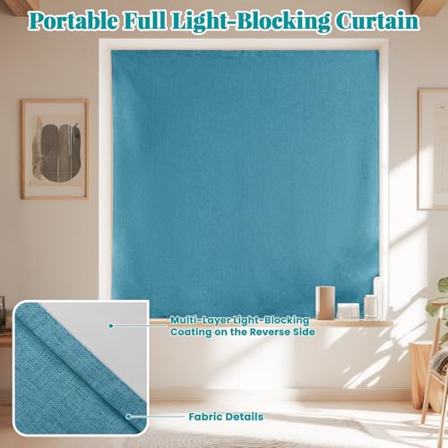 Image of 100% Blackout Self Adhesive Curtains, Black Out Shade for Window, Fabric Temporary Window Coverings Easy to Hang Curtains No Rod Needed, Use for Room, Kitchen, W52 x L60 inch, 1 Panel, Stone Blue