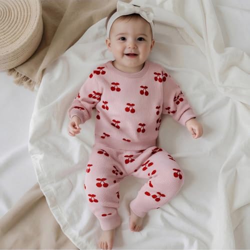 Kaipiclos Baby Girl Clothes Toddler Fall Outfits Sweatshirt Pants Waffled Cherry Outfit Baby Clothes for Girls 6 12 18 24M 3T2