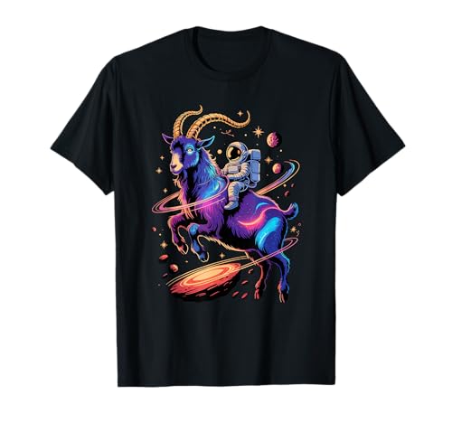 Astronaut Rides Goat Space Stars Comets Galaxy Planets T-Shirt