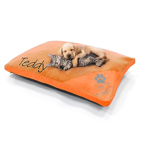 Pet Winks Personalised Pet Bed For Cats And Dogs Soft Popcorn Texture - Easy Care, Removable Washable Cover (Large 58cm x 85cm, Orange)