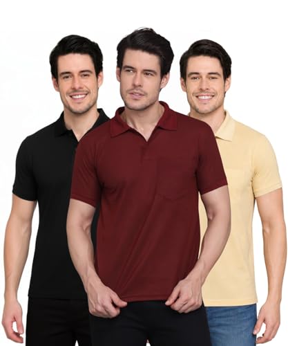 Image of INKKR Men Regular Fit Polo Neck Half Sleeve Solid Casual T-Shirt with Chest Pocket | Pack of 3